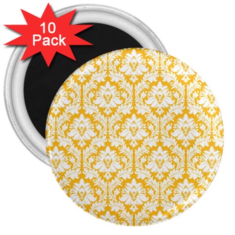 White On Sunny Yellow Damask 3  Button Magnet (10 pack) from UrbanLoad.com Front