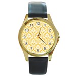White On Sunny Yellow Damask Round Leather Watch (Gold Rim) 