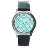 White On Turquoise Damask Round Leather Watch (Silver Rim)