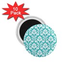 White On Turquoise Damask 1.75  Button Magnet (10 pack)