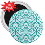 White On Turquoise Damask 3  Button Magnet (10 pack)