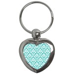 White On Turquoise Damask Key Chain (Heart)