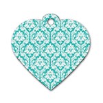White On Turquoise Damask Dog Tag Heart (Two Sided)