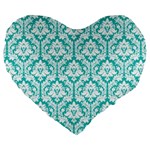 Turquoise Damask Pattern Large 19  Premium Heart Shape Cushion