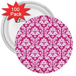 White On Hot Pink Damask 3  Button (100 pack)