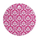 White On Hot Pink Damask Round Ornament (Two Sides)