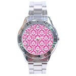 White On Hot Pink Damask Stainless Steel Watch