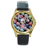Easter Egg Bunny Treasure Round Leather Watch (Gold Rim) 
