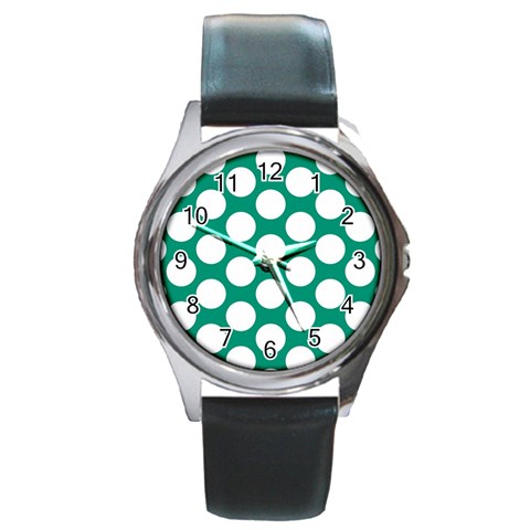 Emerald Green Polkadot Round Leather Watch (Silver Rim) from UrbanLoad.com Front