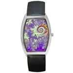 Sea Shell Spiral, Abstract Violet Cyan Stars Tonneau Leather Watch