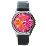 Magenta Boardwalk Carnival, Abstract Ocean Shimmer Round Leather Watch (Silver Rim)