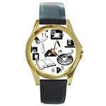 Books And Coffee Round Leather Watch (Gold Rim) 