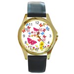 Butterfly Beauty Round Leather Watch (Gold Rim) 