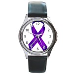 Fibro Awareness Ribbon Round Leather Watch (Silver Rim)
