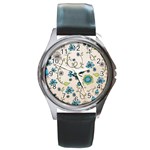Whimsical Flowers Blue Round Leather Watch (Silver Rim)