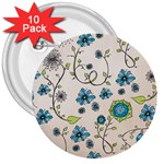 Whimsical Flowers Blue 3  Button (10 pack)