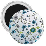 Blue Whimsical Flowers  on blue 3  Button Magnet
