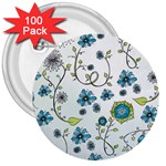 Blue Whimsical Flowers  on blue 3  Button (100 pack)