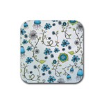 Blue Whimsical Flowers  on blue Drink Coaster (Square)