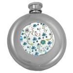 Blue Whimsical Flowers  on blue Hip Flask (Round)