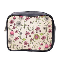 Pink Whimsical flowers on beige Mini Travel Toiletry Bag (Two Sides) from UrbanLoad.com Front