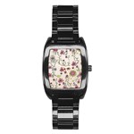 Pink Whimsical flowers on beige Stainless Steel Barrel Watch