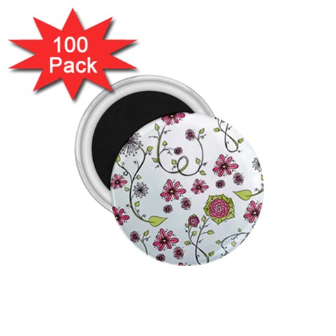 Pink whimsical flowers on blue 1.75  Button Magnet (100 pack) from UrbanLoad.com Front