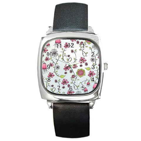 Pink whimsical flowers on blue Square Leather Watch from UrbanLoad.com Front