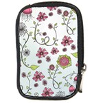 Pink whimsical flowers on blue Compact Camera Leather Case