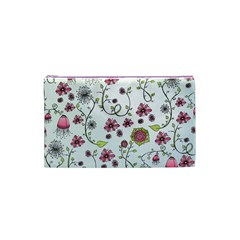 Pink whimsical flowers on blue Cosmetic Bag (Small) from UrbanLoad.com Front