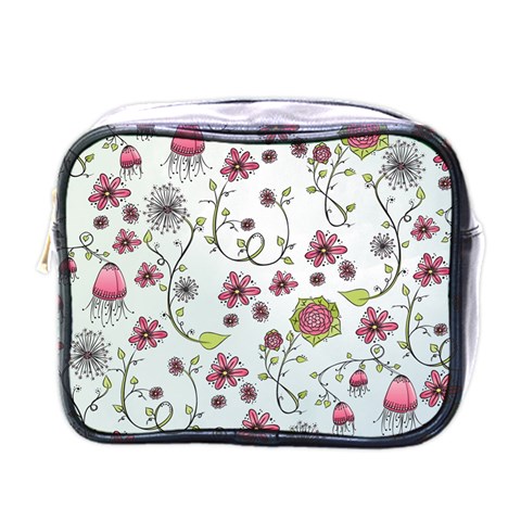 Pink whimsical flowers on blue Mini Travel Toiletry Bag (One Side) from UrbanLoad.com Front