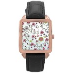 Pink whimsical flowers on blue Rose Gold Leather Watch 