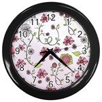 Pink whimsical flowers on pink Wall Clock (Black)