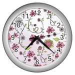 Pink whimsical flowers on pink Wall Clock (Silver)