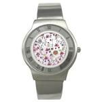 Pink whimsical flowers on pink Stainless Steel Watch (Slim)