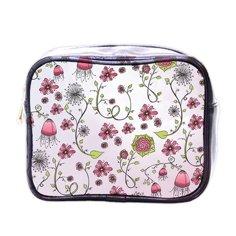 Pink whimsical flowers on pink Mini Travel Toiletry Bag (One Side) from UrbanLoad.com Front