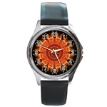 Flaming Sun Round Leather Watch (Silver Rim)