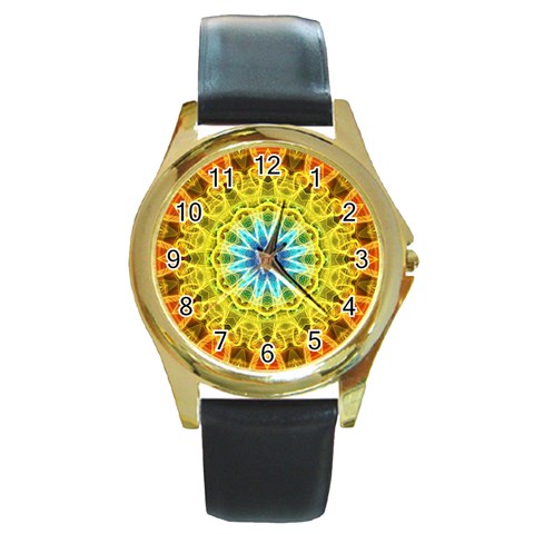 Flower Bouquet Round Leather Watch (Gold Rim)  from UrbanLoad.com Front