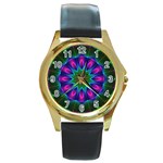 Star Of Leaves, Abstract Magenta Green Forest Round Leather Watch (Gold Rim) 