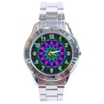 Star Of Leaves, Abstract Magenta Green Forest Stainless Steel Watch