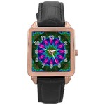 Star Of Leaves, Abstract Magenta Green Forest Rose Gold Leather Watch 