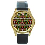 Aztec Style Pattern Round Leather Watch (Gold Rim) 