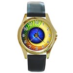 Eerie Psychedelic Eye Round Leather Watch (Gold Rim) 