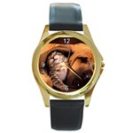 Best Friends Cat and Dog Round Gold Metal Watch