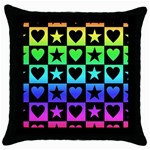 Rainbow Stars and Hearts Black Throw Pillow Case