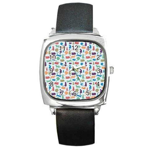 Blue Colorful Cats Silhouettes Pattern Square Metal Watches from UrbanLoad.com Front
