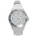 Blue Colorful Cats Silhouettes Pattern Round Plastic Sport Watch (L)