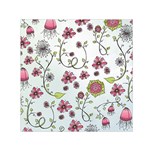 Pink whimsical flowers on blue Small Satin Scarf (Square)