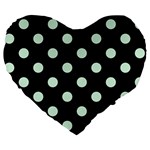 Polka Dots - Pastel Green on Black Large 19  Premium Flano Heart Shape Cushion