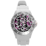 Purple abstract flowers Round Plastic Sport Watch (L)